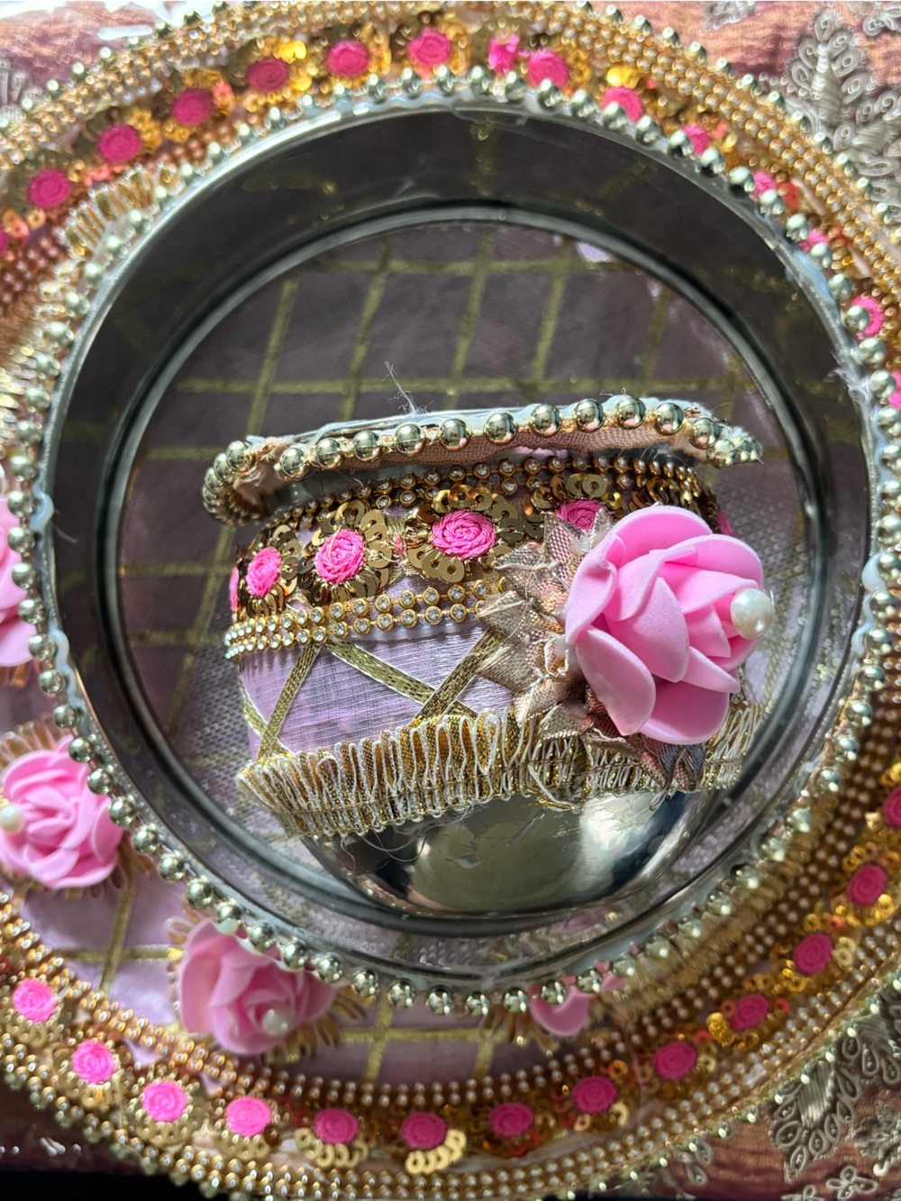 Handcrafted Pink and Gold Women’s Decorative Karwa Chauth Thaali